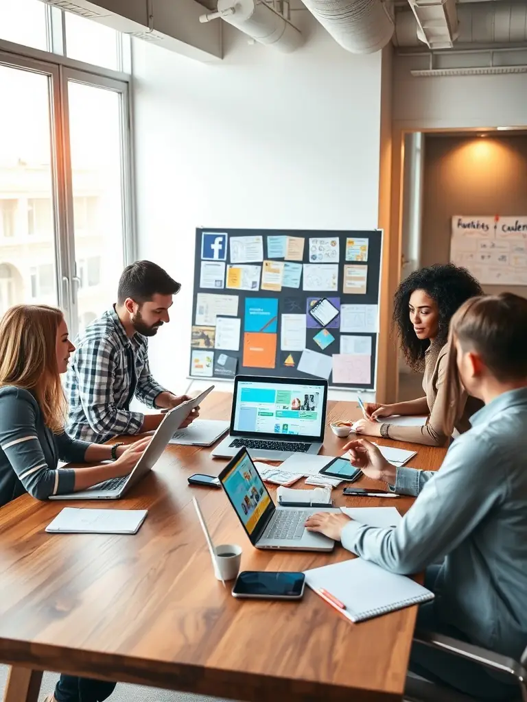 A digital illustration depicting a brainstorming session with diverse team members around a table covered in sticky notes and charts, symbolizing the initial strategy phase.