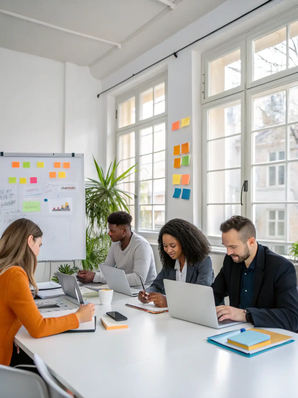 A professional photo of a diverse team brainstorming around a table covered with marketing materials, sticky notes, and laptops, symbolizing collaborative advertising strategies.