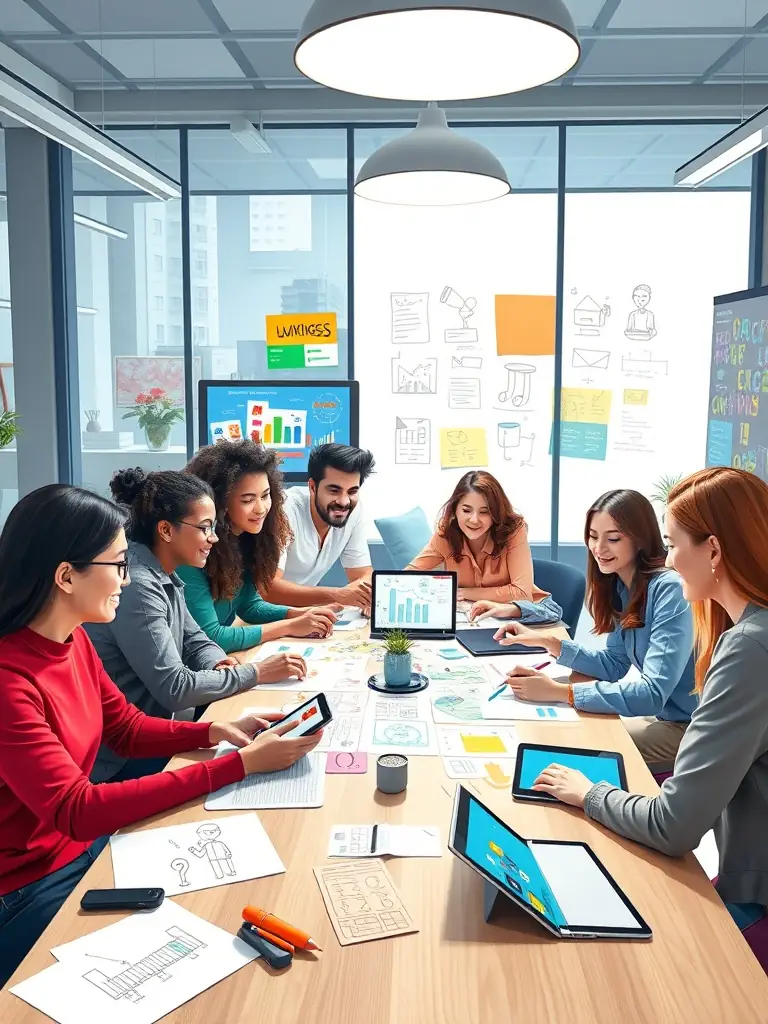 A creative workspace with a team brainstorming content ideas and designing visuals, representing LAUNCH's content creation process.