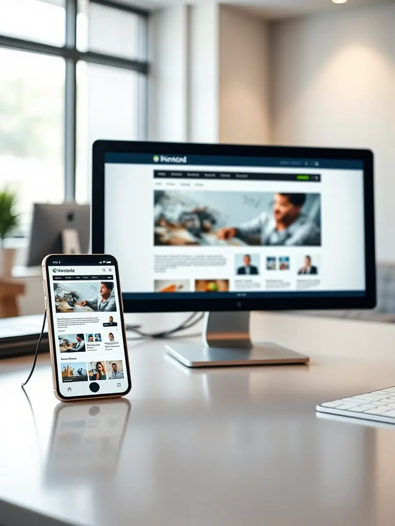 A sleek, modern website design displayed on multiple devices (desktop, tablet, smartphone), showcasing responsiveness and user-friendly interface.