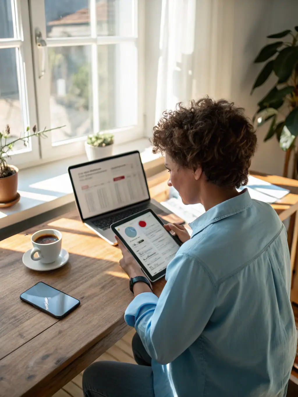 A photograph showcasing a project manager using project management software on a laptop, with a Gantt chart visible on the screen, representing organized execution.