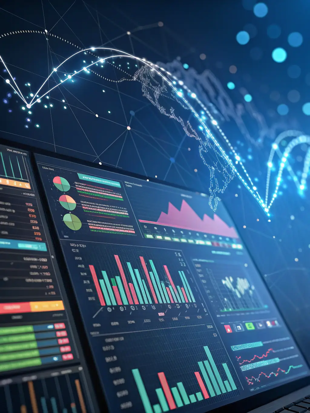 A graphic showing data analytics dashboards with charts and graphs, highlighting key performance indicators (KPIs) and metrics tracking.