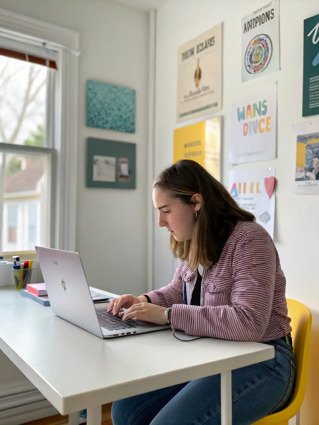 A close-up shot of a person writing engaging content on a laptop, surrounded by creative tools and a mood board, representing the essence of content creation.